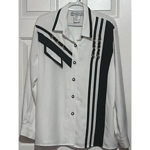 Saint Germain Women's Long Sleeve Button Front White Black Gold Chain‎ Blouse L